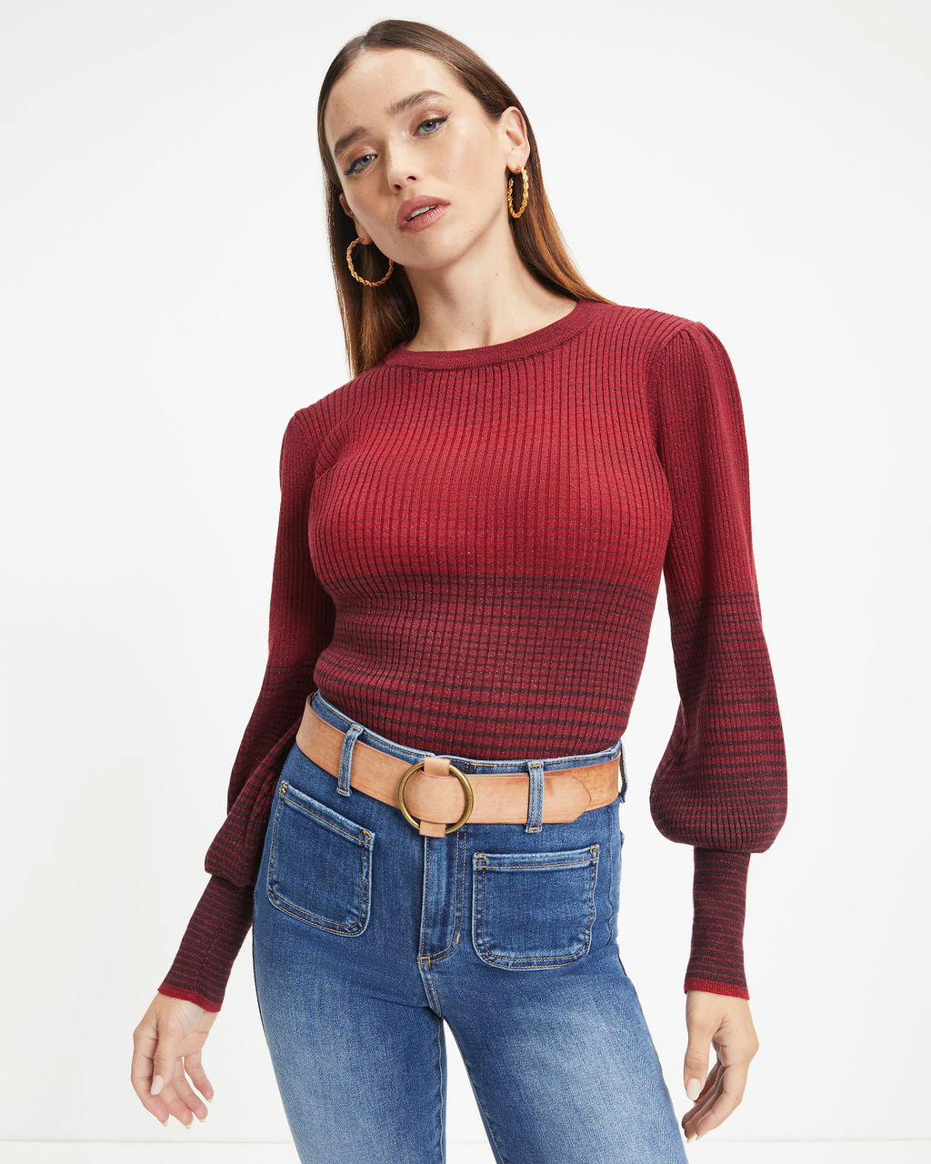 Fall Sunsets Ribbed Balloon Sleeve Pullover Sweater - Wine - FINAL SALE - Se7enfashion