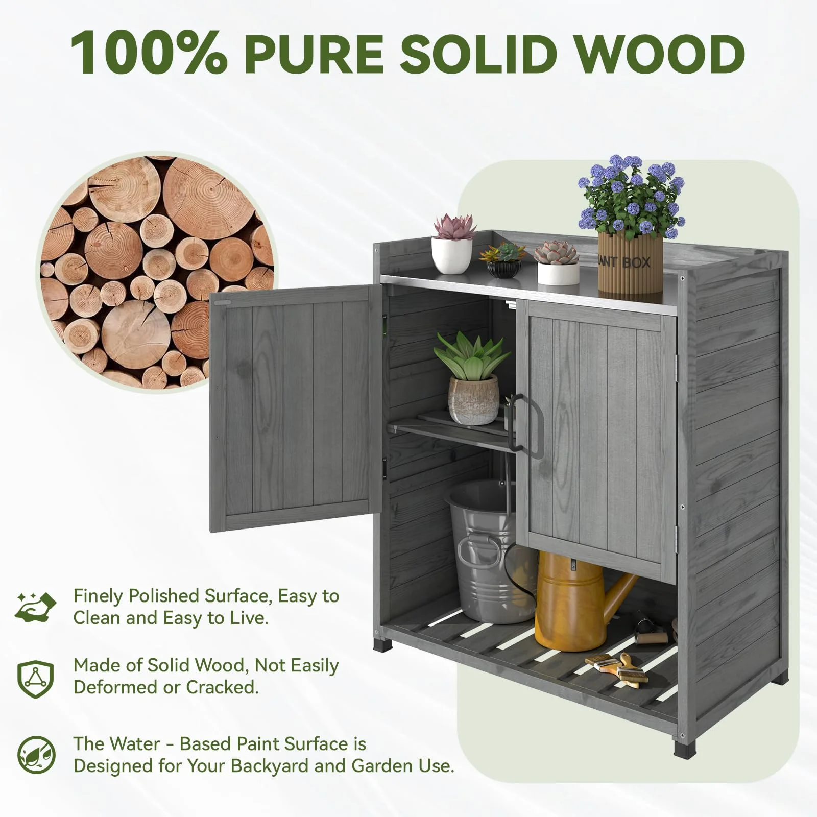 YODOLLA Potting Bench, Wooden Outdoor Storage Cabinet with Adjustable Shelf, Patio Storage with Metal Tabletop, Potting Table for Garden, Patio and Lawns, Gray - Image 6