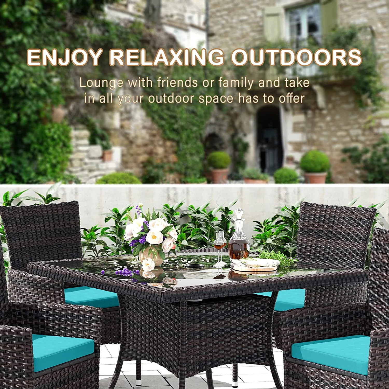 ALAULM 5 Pieces Patio Dining Set Outdoor Rattan Furniture with Square Glass Tabletop 4 Chairs with Cushions for Patio, Backyard Outdoor Kitchen Lawn & Garden Blue - Image 12