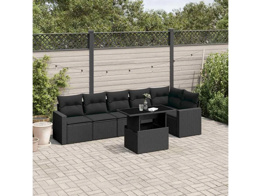 Set de sofás de jardín 7 pzas con cojines ratán sintético negro