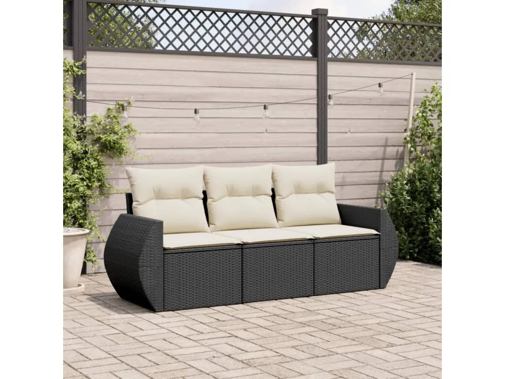 Set de sofás de jardín con cojines 3 piezas ratán sintético negro