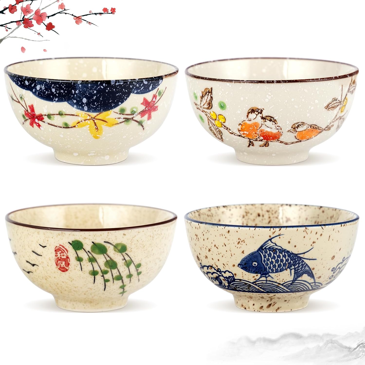clothmile 4.5 Inch Japanese Retro Rice Bowls Set of 6 Japanese Style Hand-Painted Floral Plum Ceramic Bowls for Cereal, Soup, Dessert, Snack, Fruit, Salsa for Xmas Holiday Present