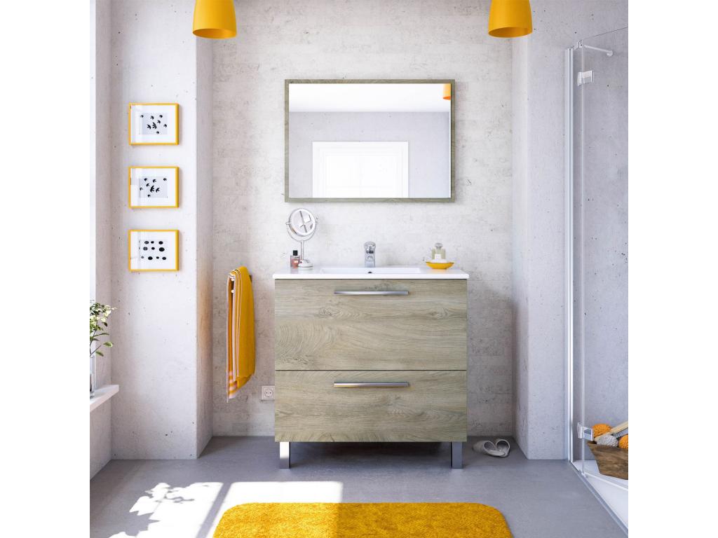 Mueble de baño con 1 cajón, 1 puerta, espejo y lavabo cerámico en color - Joliven