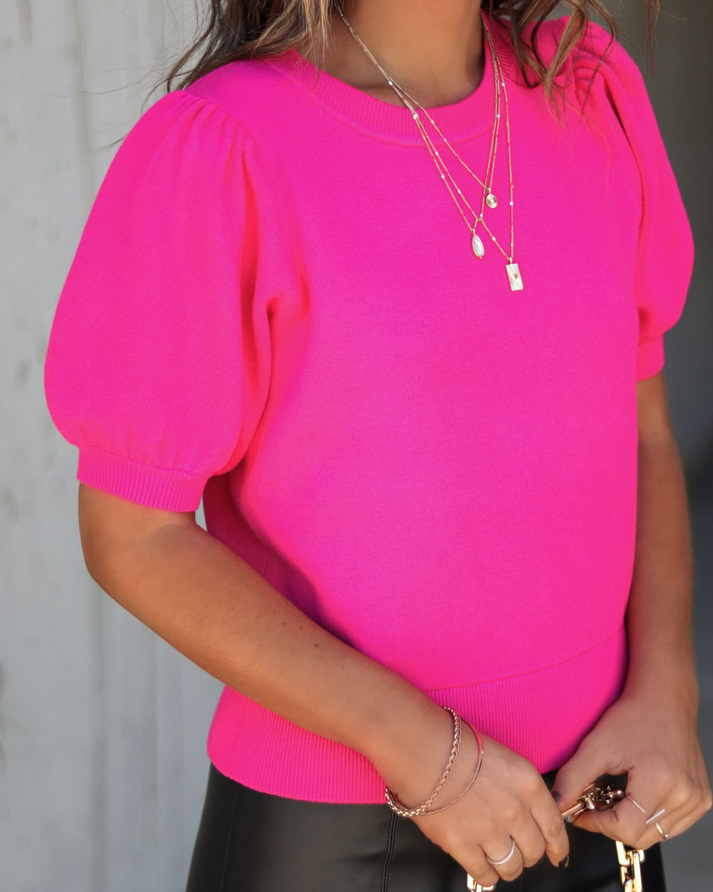 Livia Puff Sleeve Knit Sweater Top - Fuchsia - Se7enfashion