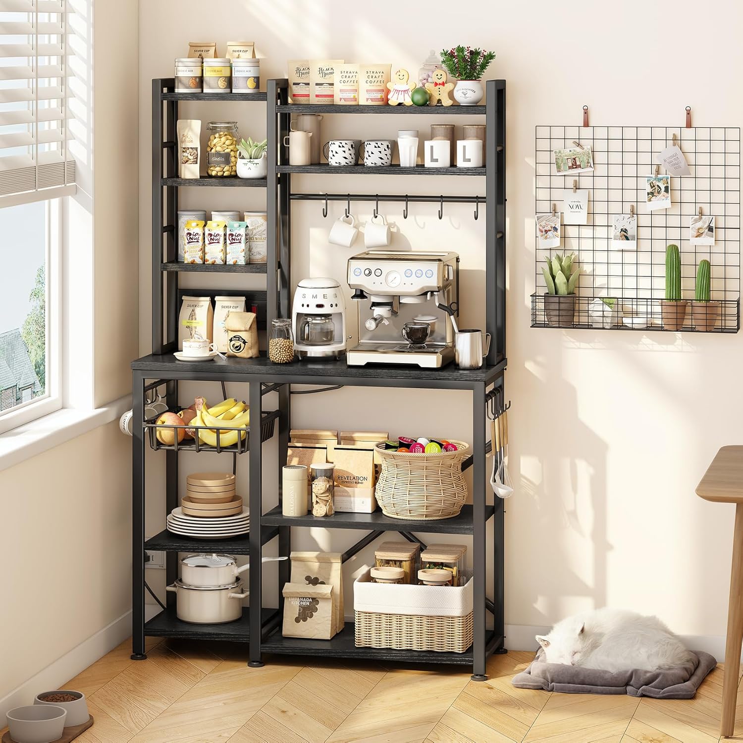 SNTD Baker Rack with Power Outlet - Microwave Stand with Storage, Large Coffee Bar Station with 14 Hooks, Metal Kitchen Shelf Rack for Spices, Pots (Rustic Black)