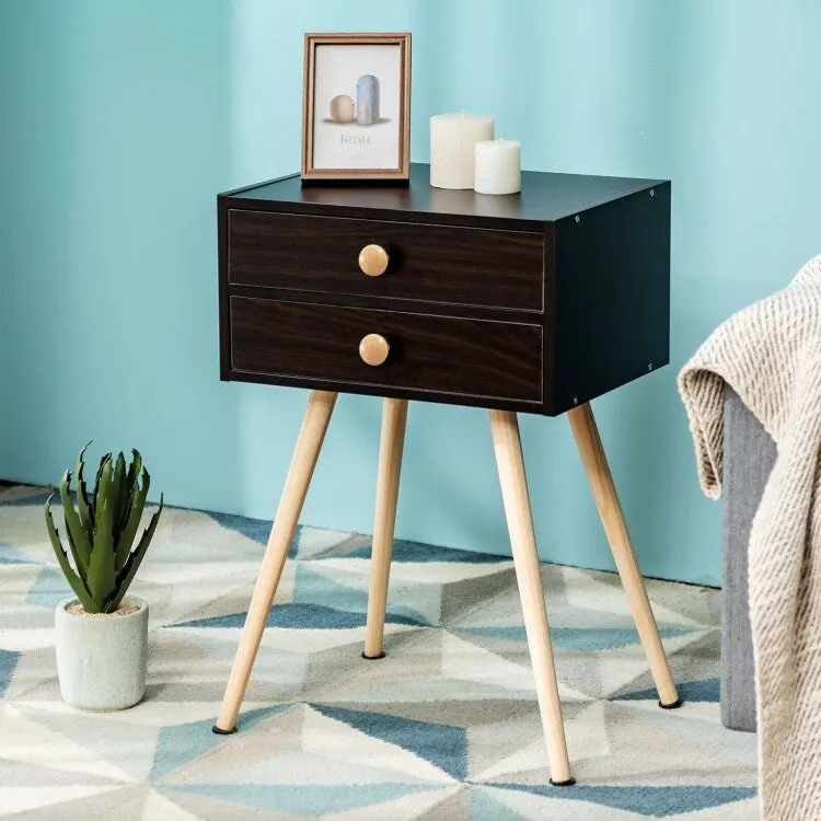 Brown Mid-Century Modern Nightstand with 2 Drawers
