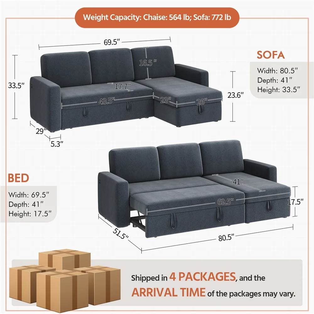 Alden Design Reversible Sectional Sofa with USB & Type-C Ports for Livingroom, Light Gray - Image 44