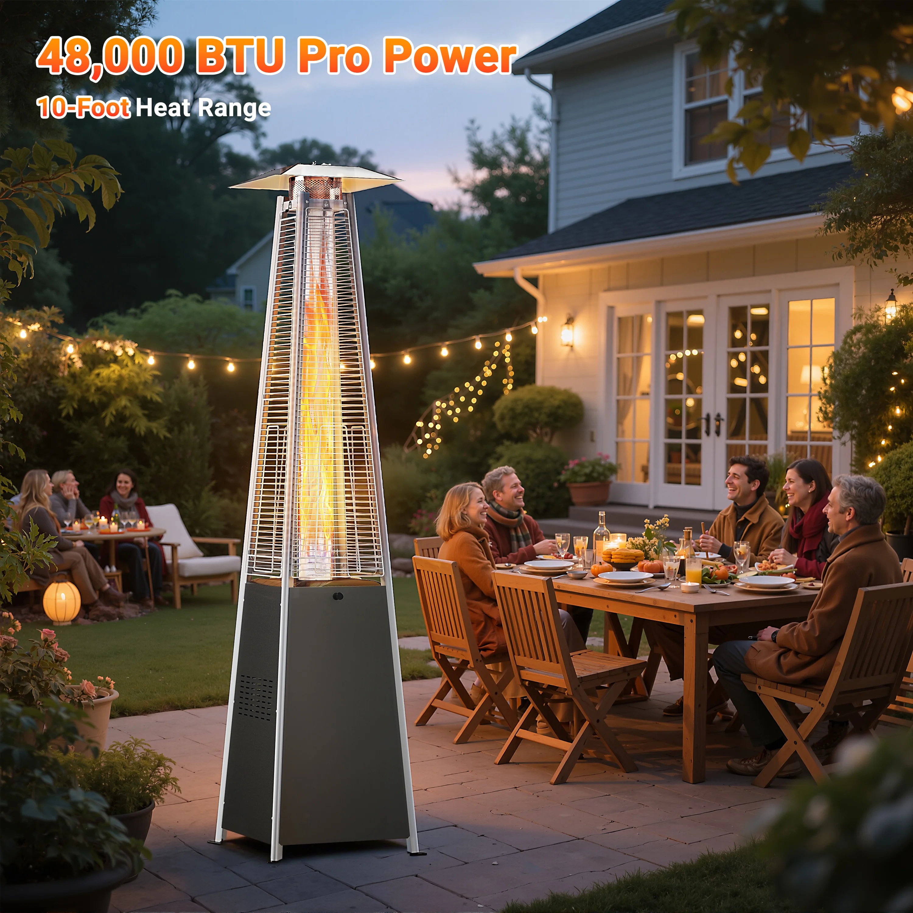 Segmart 48,000 BTU Pyramid Patio Heater, Tall Standing Outdoor Propane Heater with Wheels & Tip-Over Safety Protection, Visible Flame Glass Tube for Backyard, Garden, Commercial Use - Gray - Image 2