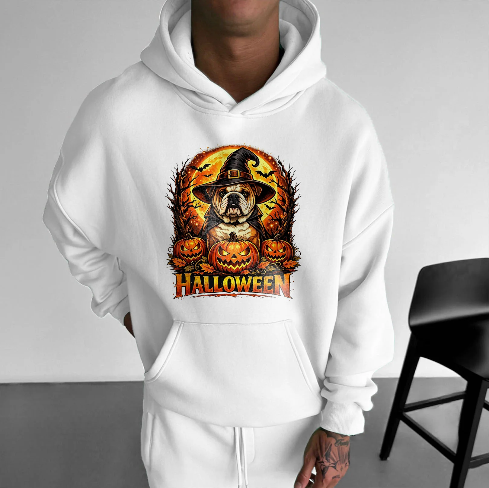 Unisex Halloween Bulldog Hoodie – Cute Witch Dog Pumpkin Graphic Black Pullover Hoodie TeeThreads Sustain the Scene with Custom Apparel