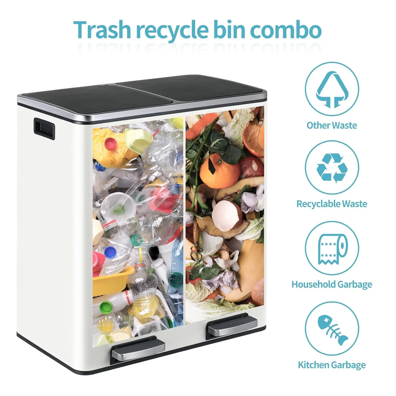 LAZY BUDDY Dual Garbage Can, Stainless Steel 16 Gallon Step Kitchen Trash Can with Soft-Close Lid, Double Compartment Garbage Recycling Bin - Image 28