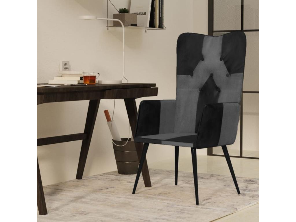 Sillón orejero Negro y gris Cuero auténtico