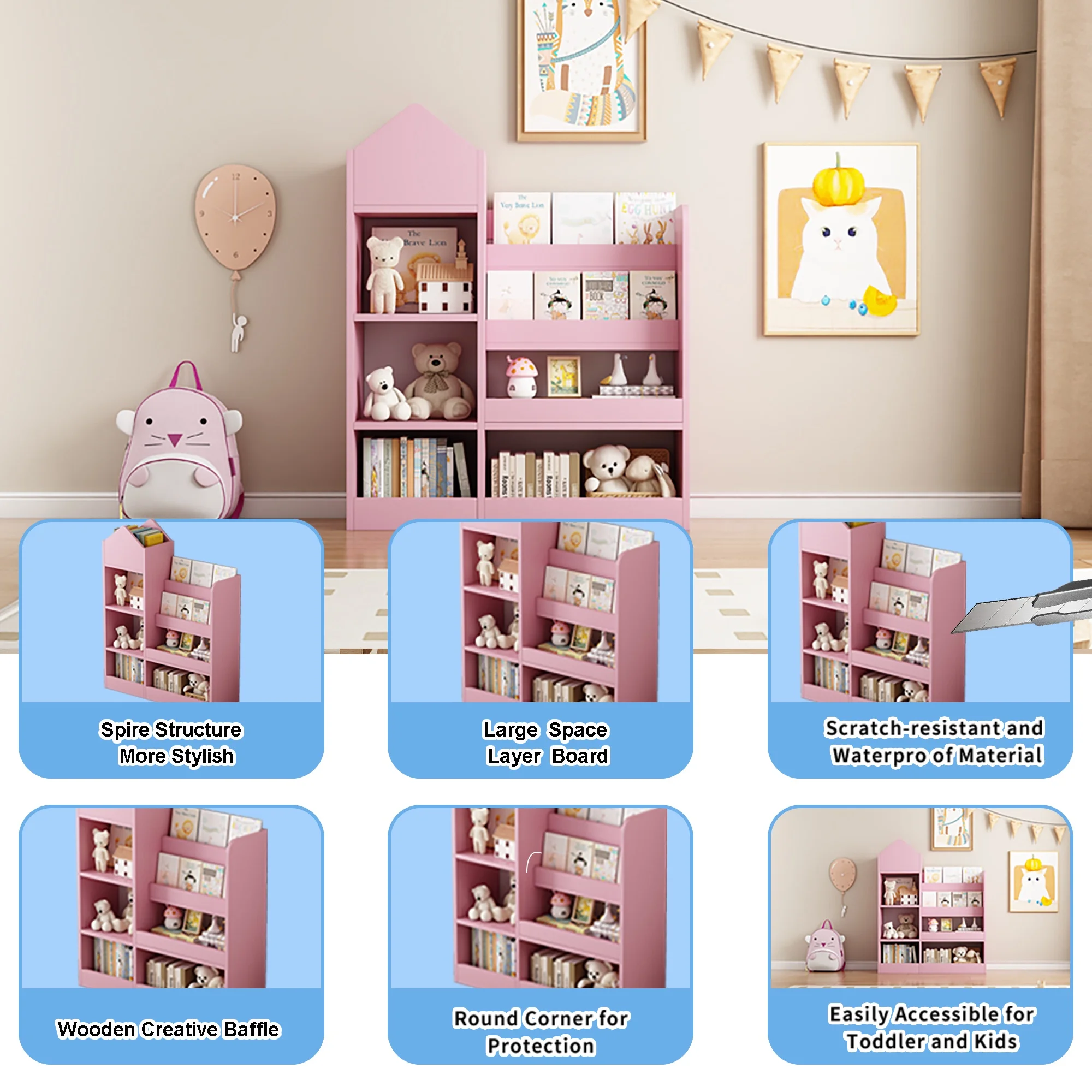 PAPROOS Kids Bookshelf, Wooden Kids Bookcase with Toy Storage Organizer Cabinet, Children Multi Shelf Cubby for Classroom, Kids Bedroom, Nursery, Wood - Image 14