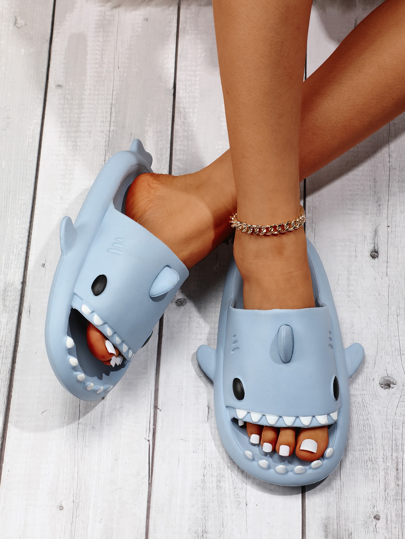 Women Blue Cartoon Shark Design Single Band Slides