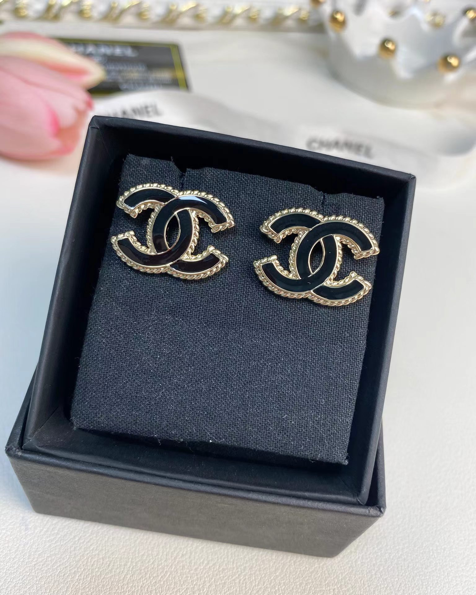 Chanel Gold Edge Black Double C Earring - Original Replica Club