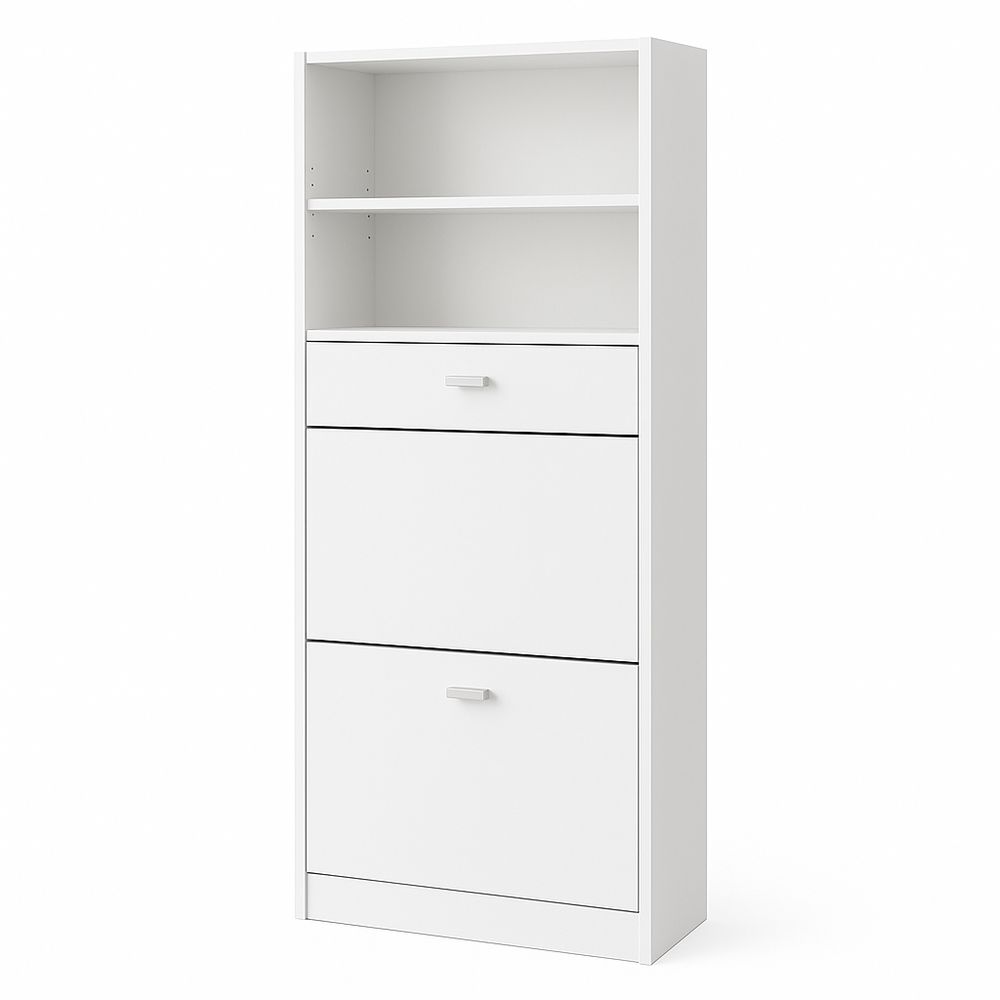 Armario de almacenamiento blanco con estantería,cajones y diseño moderno,funcional y minimalista,dimensiones adecuadas para oficina o hogar