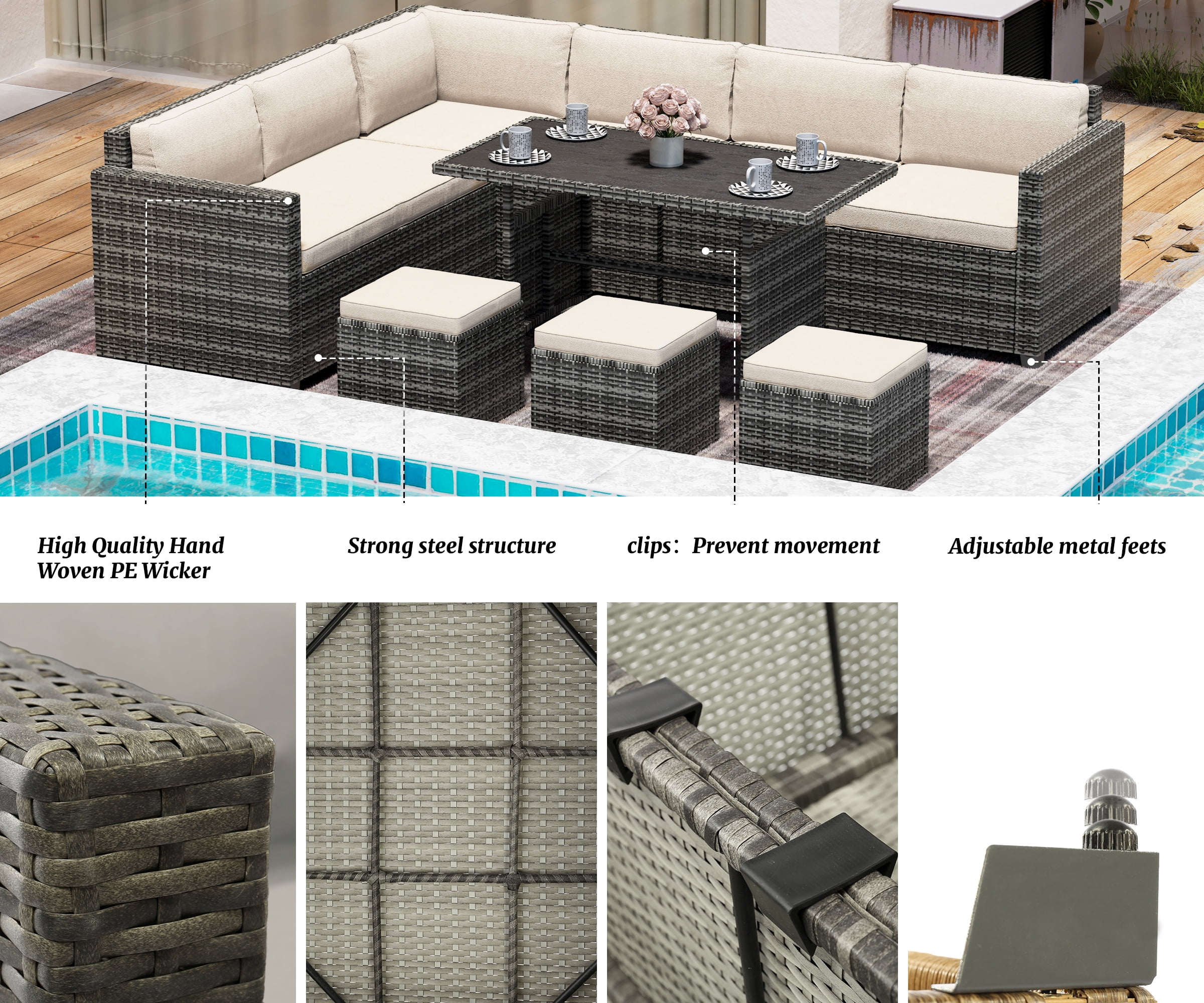 Bifanuo 7 Piece Patio Furniture Set, Outdoor Furniture Patio Sectional Sofa, All Weather PE Rattan Outdoor Sectional with Beige Cushions and Table, Black Wicker - Image 6