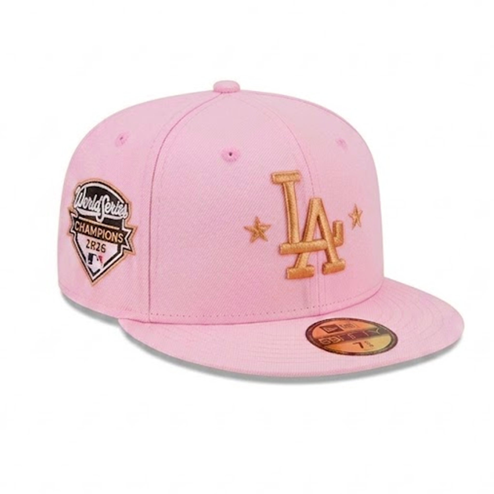 Angled right view of the pink Los Angeles Dodgers 59FIFTY hat showing the gold LA logo with stars and the embroidered 2020 World Series Champions side patch.