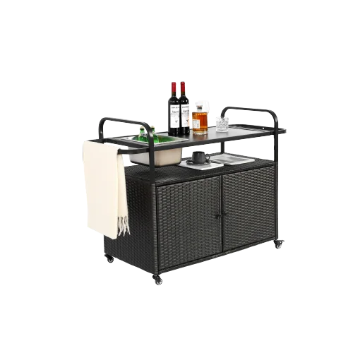Yiweny Outdoor Rolling Wicker Bar Cart, Large Portable Outdoor Wicker Bar Table with Cabinet Storage and Glass Countertop, Patio Wicker Serving Bar Cart for Pool, Party, Backyard, Black - Image 2