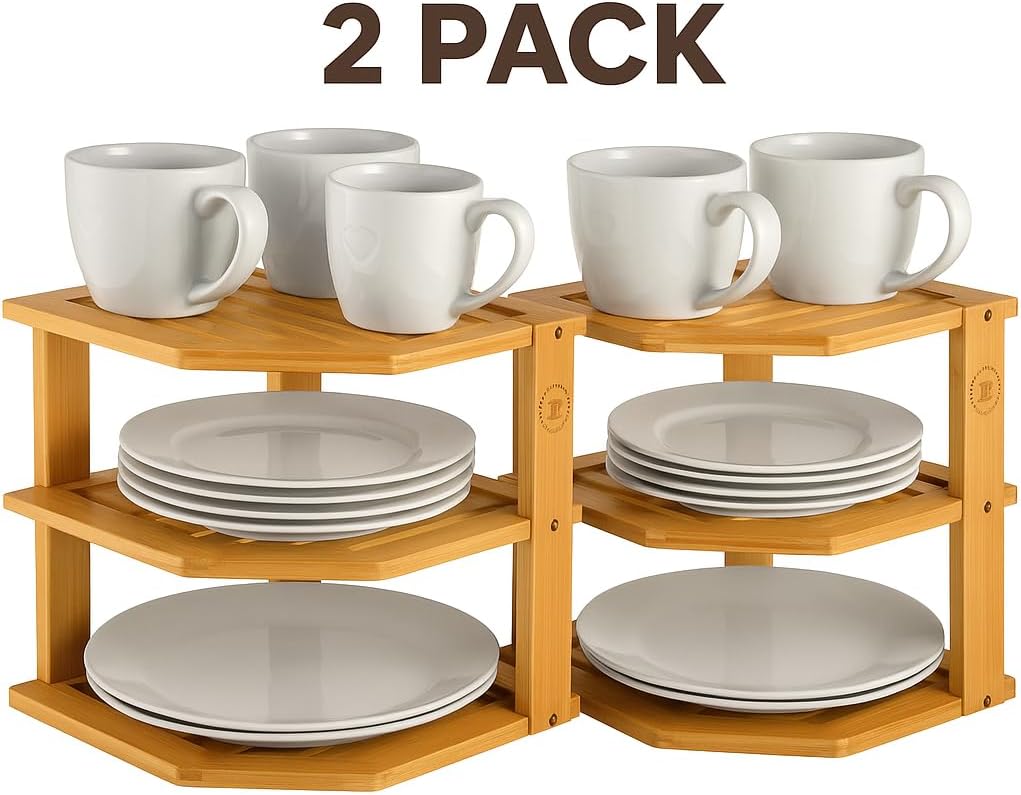 2-Pack Plate Organizer for Cabinet - 3 Tier Bamboo Corner Cabinet Organizer Shelf for Plates Bowls Mugs Cups, Kitchen Cabinet Organizer, Cabinet Shelf Organizer, Countertop Rack, 10 x 10 x 9.5 Inch