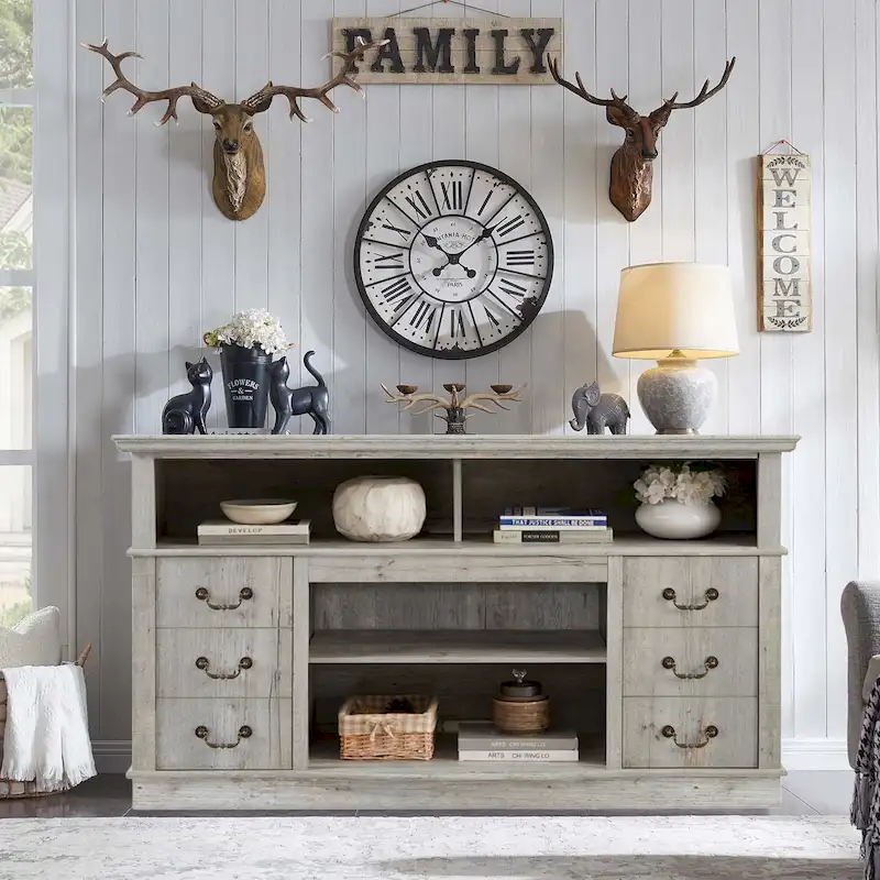 60-Inch Retro TV Stand Entertainment Center with 2 Cabinets and Open Shelves - Dimensions: 60W x 15.75D x 34.25H