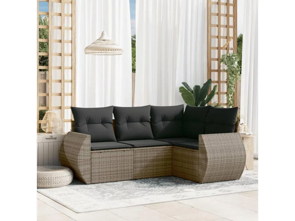Set de sofás de jardín 4 pzas y cojines ratán sintético gris