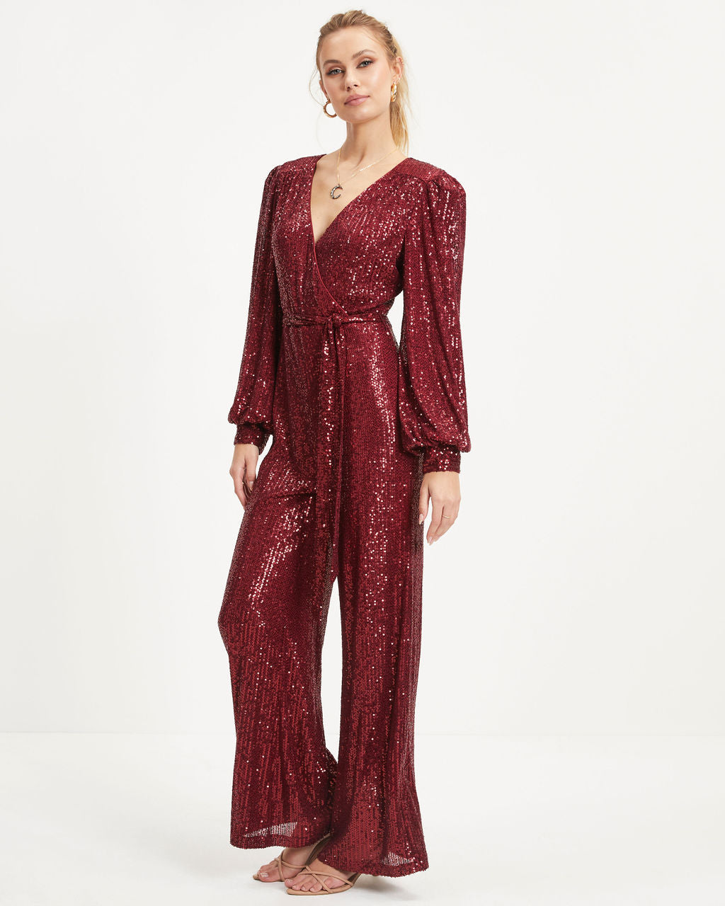 Whole New World Sequin Front Tie Jumpsuit - Burgundy - Se7enfashion