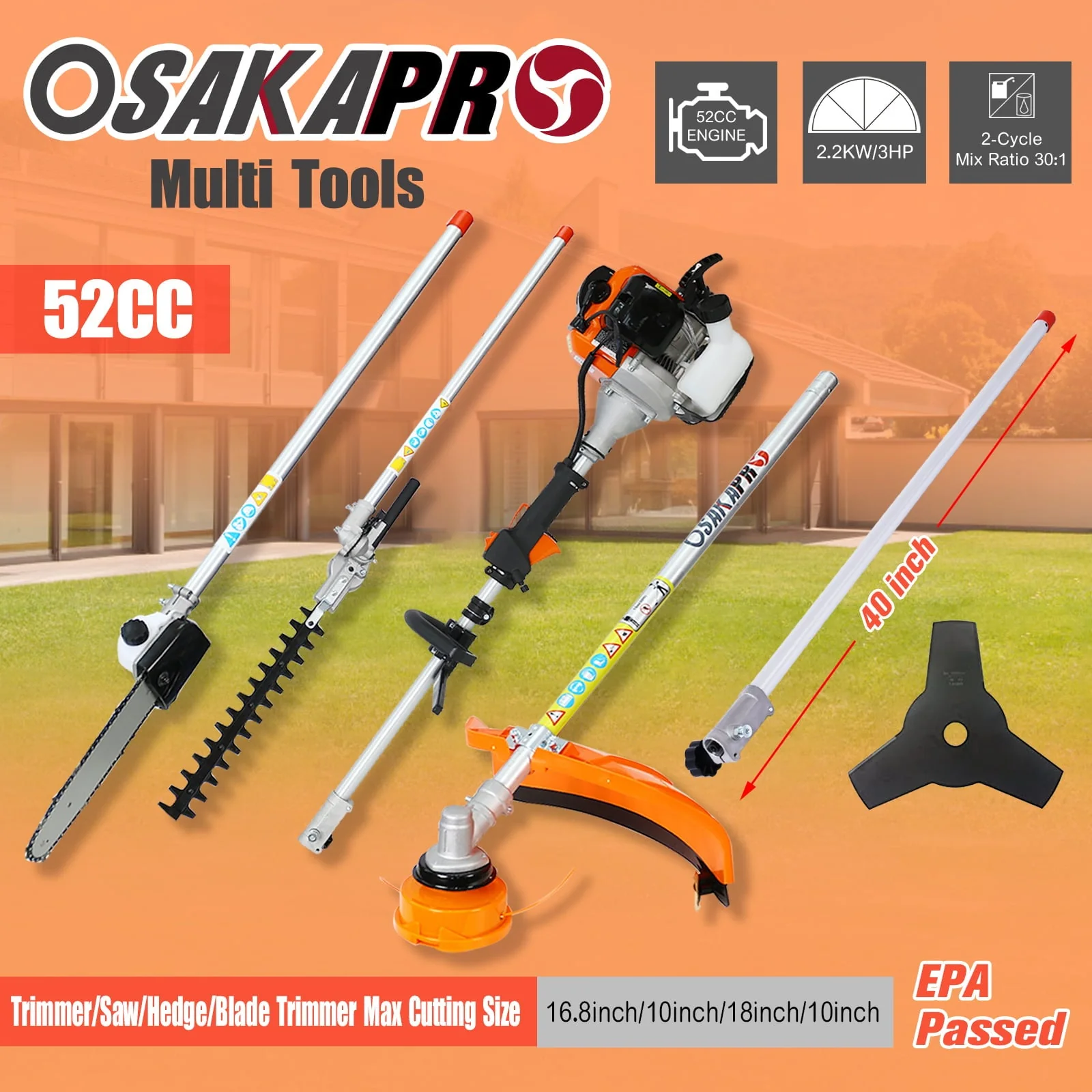 Walkfairy Hedge Trimmer, 12 in 1 Multi-Functional Trimming Tool, 52CC 2-Cycle Garden Tool System with Gas Pole Saw, Hedge Trimmer, Grass Trimmer, and Brush Cutter for Lawn Care (52CC) - Image 2
