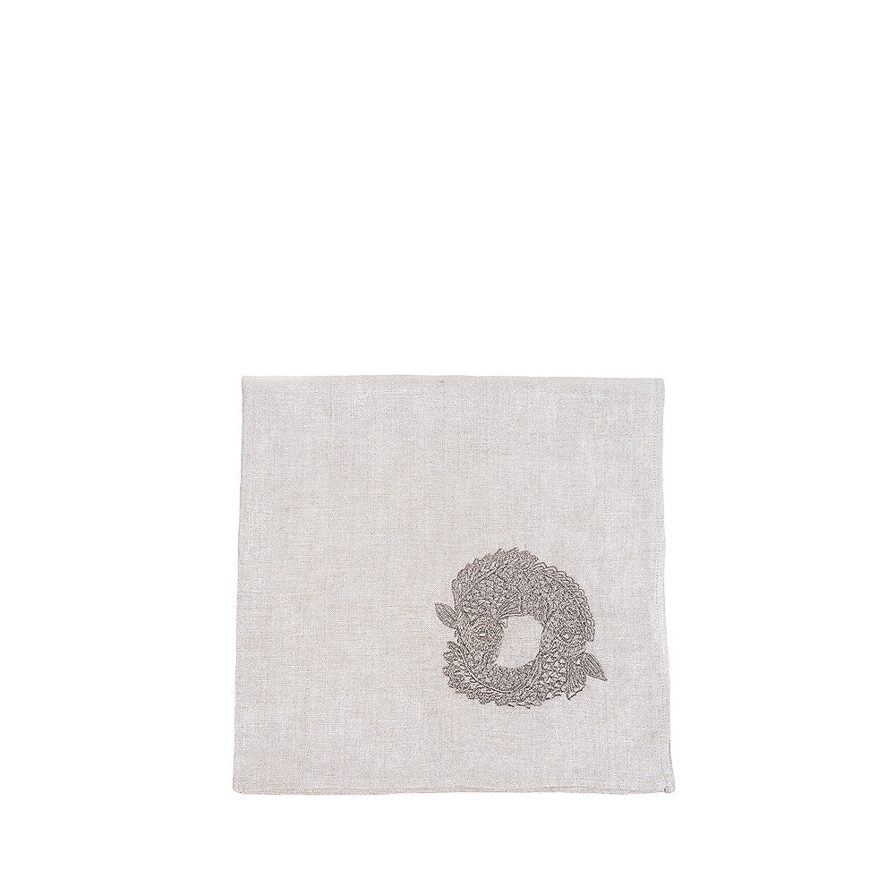 SERVIETTE DE TABLE BRODÉE 2 POISSONS - LIN MÉTALLISÉ, BRODÉ ÉTAIN, CARRÉ