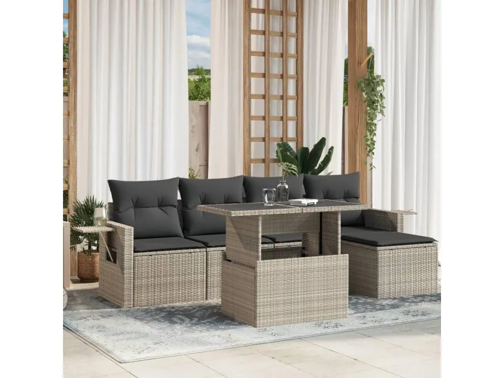 Set de sofás de jardín 6 pzas y cojines ratán sintético gris