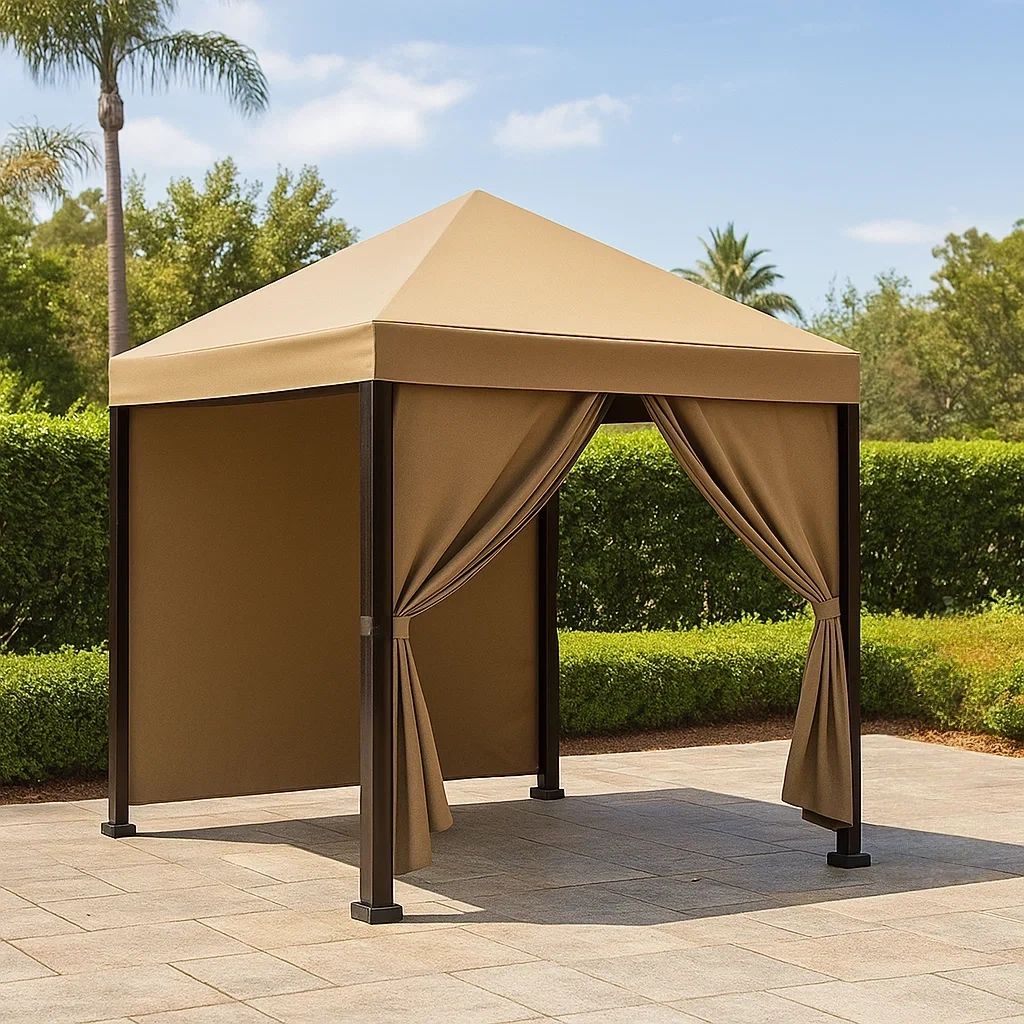 Cenador y quiosco cuadrado,de metal,con estructura marrón y techo de tela beige,instalación autoportante,300x300x250 cm,para jardín o terraza. - zaReSRIwwVhF