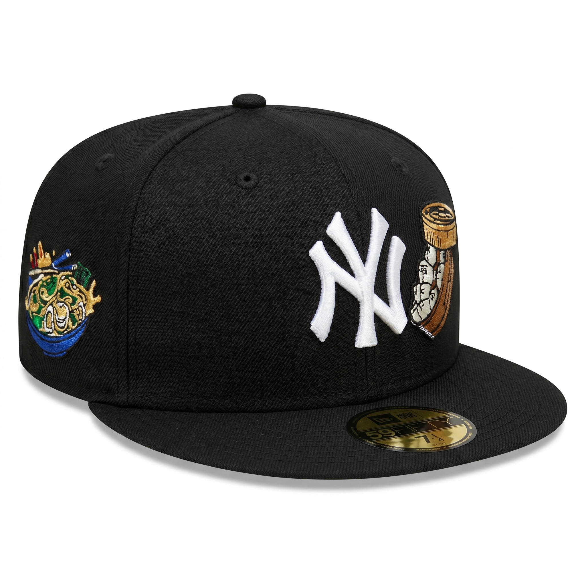 Front left angle of the custom New York Yankees black 59FIFTY fitted hat highlighting the side-panel embroidery of a noodle bowl with chopsticks.