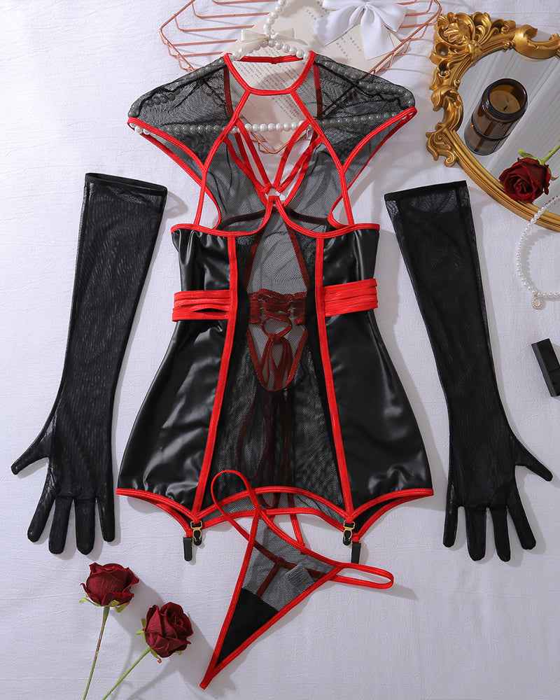 Leather Fishnet Cupless Lace up Night Dress