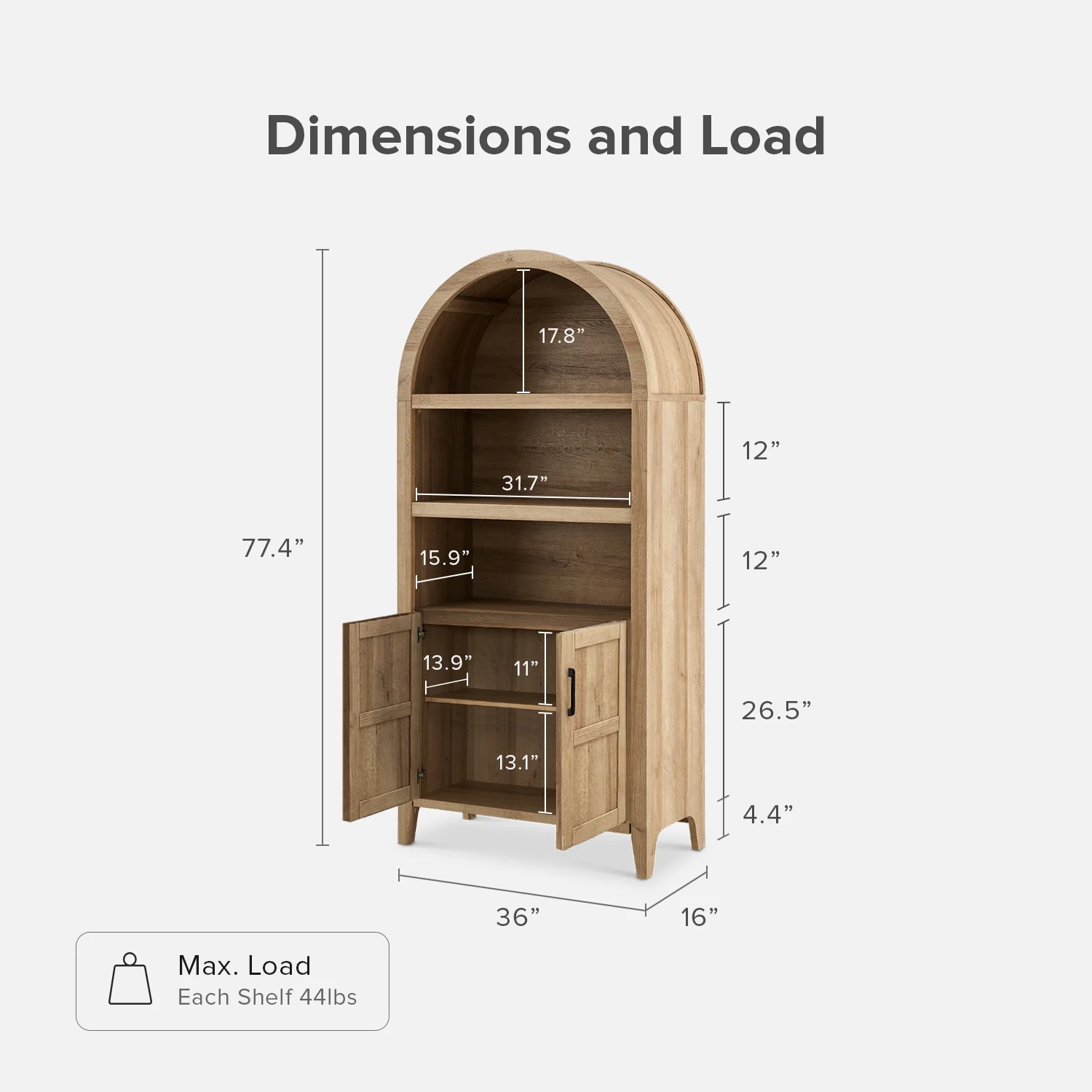 mopio Lauren 65.4" Arched Cabinet, 5-Tier Arched Bookcase with Doors and Shelves, Arched Bookshelf with Storage, Kitchen Pantry Cabinet, Wooden Storage Cabinet for Living Room, Kitchen (Oak) - Image 28