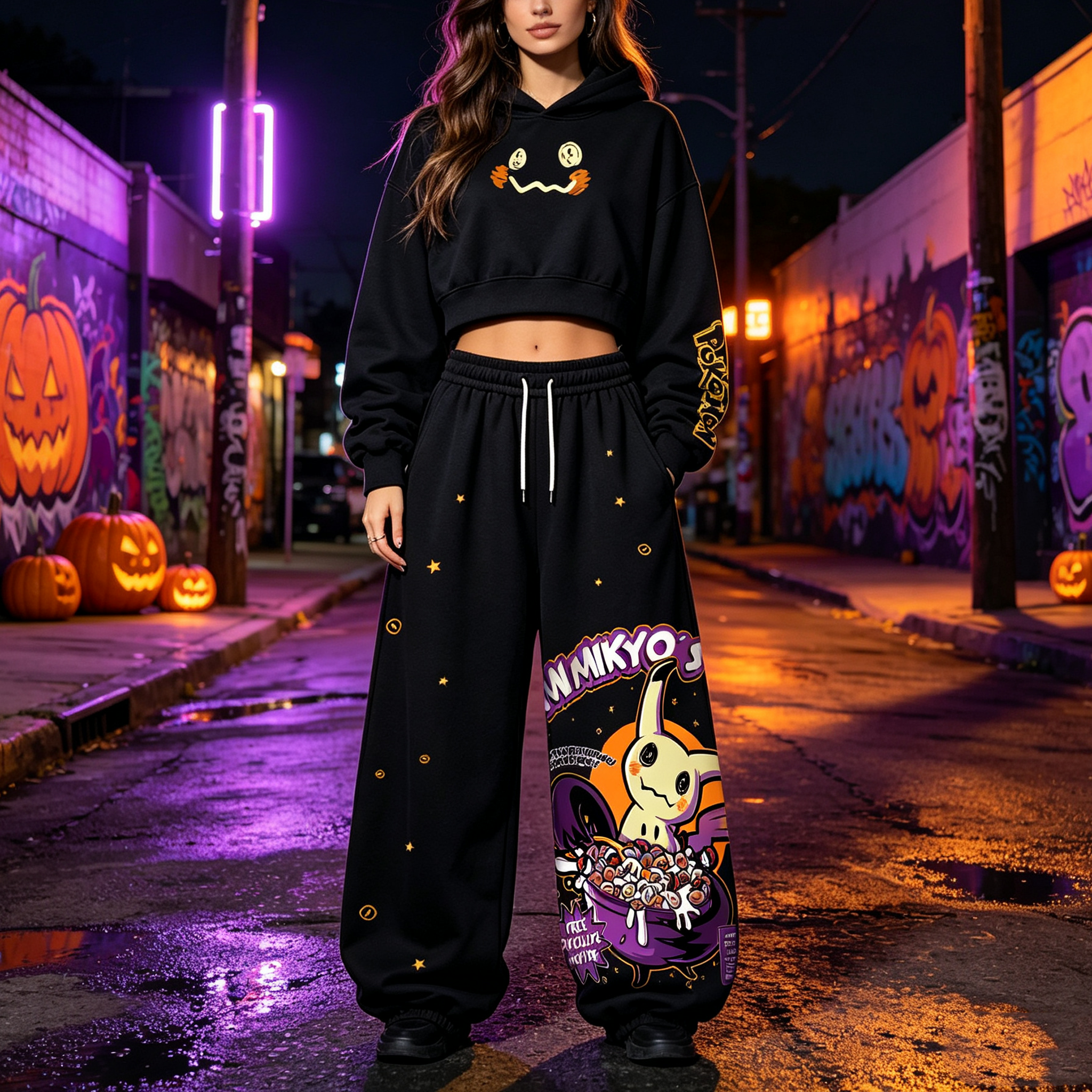 Pokémon Halloween Series Cropped Long Sleeve Hoodie & High Waist Jogger Pants Two Piece TeeThreads Sustain the Scene with Custom Apparel