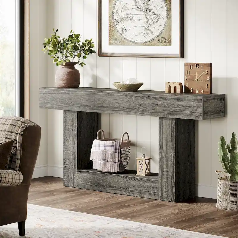 63-Inch Brown and Gray Slim Wooden Console Table for Entryway