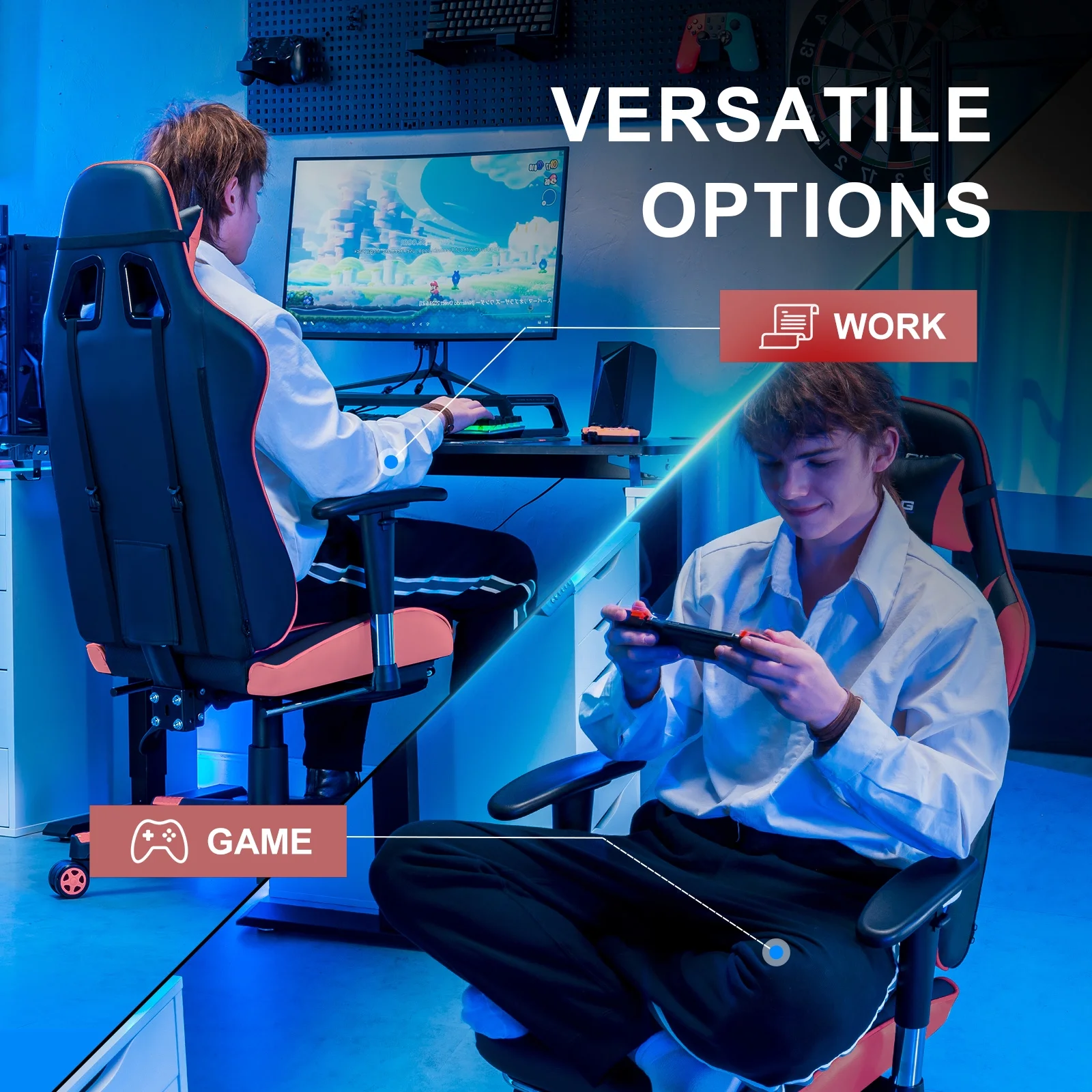 GTRACING Gaming Chair, Ergonomic Office Desk Chair with Lumbar Support, PU Leather, Footrest & Adjustable Headrest, Red - Image 37