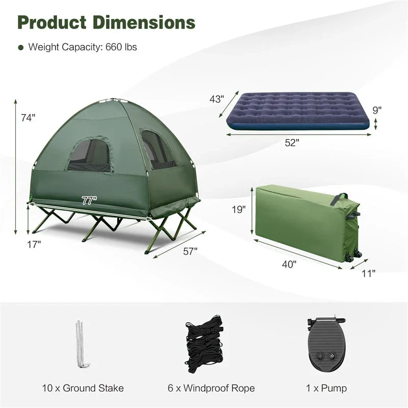 5-in-1 2-Person Portable Camping Tent Cot With Air Mattress, Sleeping Bags And Sunshade - Green & Blue - Image 5 5-in-1 2-Person Portable Camping Tent Cot With Air Mattress, Sleeping Bags And Sunshade - Green & Blue - Image 5