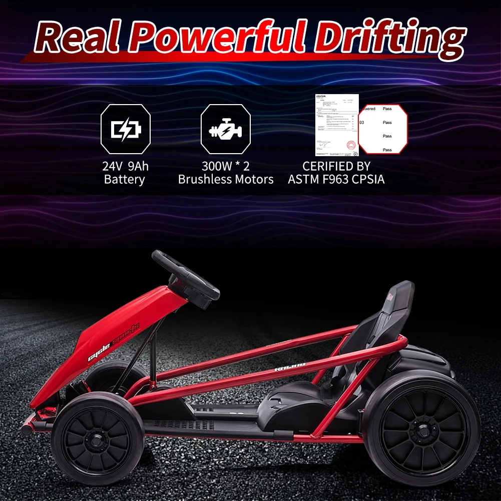 Kojooin Go Kart for Kids,24V Battery 300WX2 Motors Pedal On Foot Go Cart,8MPH High Speed Drifting Car with Slow Start Function,Rose red - Image 14