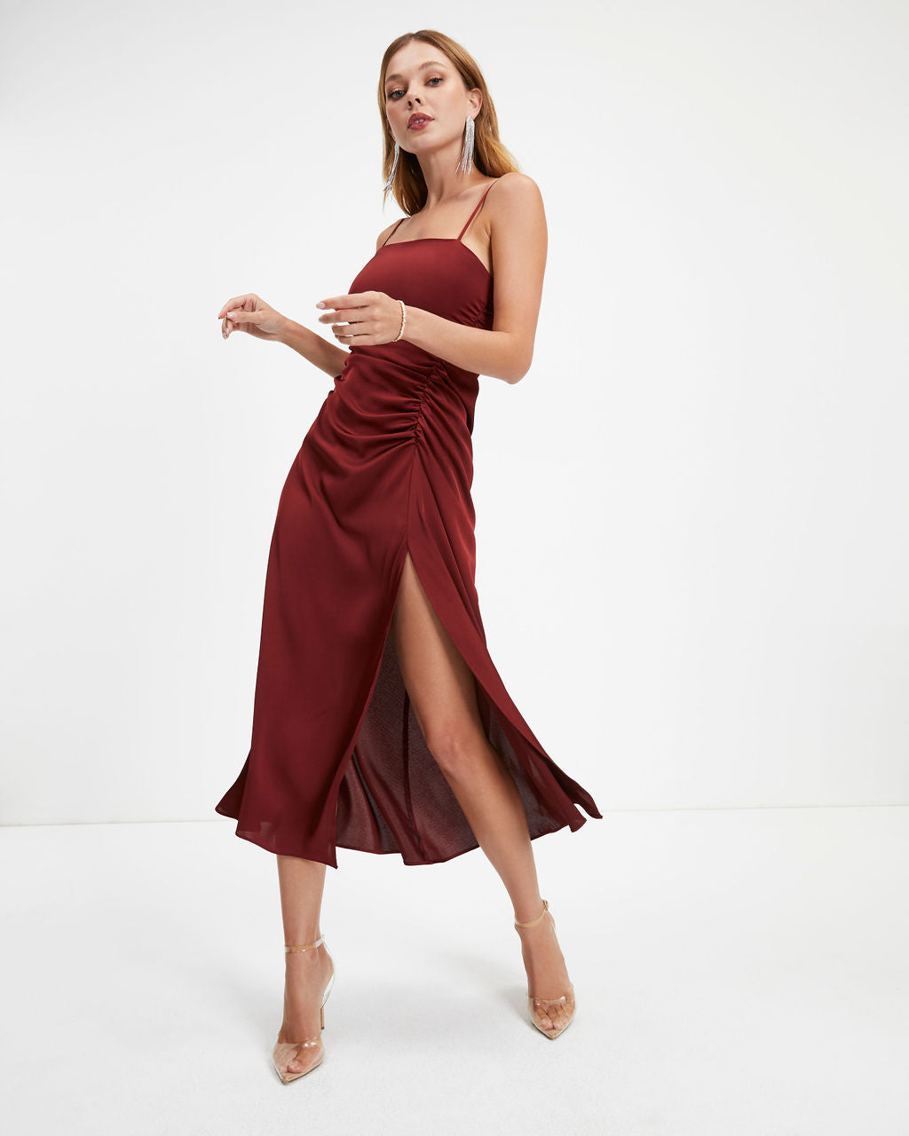 Luxe Doll Satin Drape Slit Midi Dress - Merlot - Se7enfashion