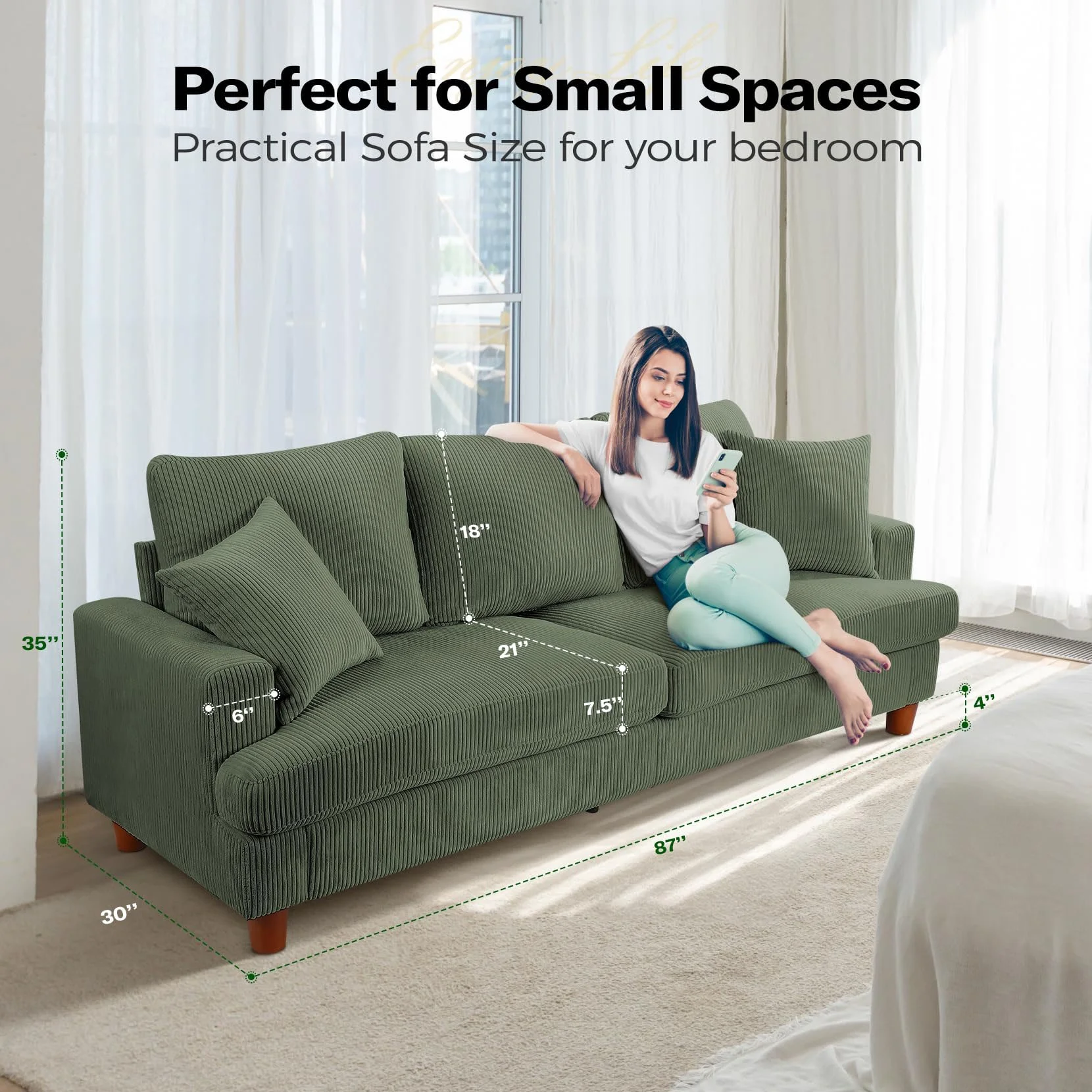 87" Corduroy Sofa,3 Seater Sofa with Extra Deep Seats,Neche Comfy Upholstered Couch for Living Room,2 Pillows,Green - Image 12