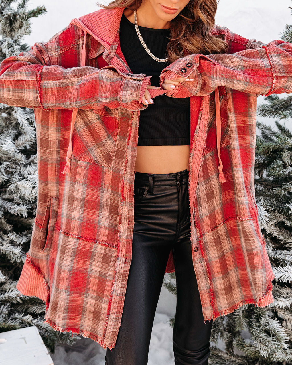 Portland Plaid Waffle Contrast Pocketed Hooded Jacket - Se7enfashion