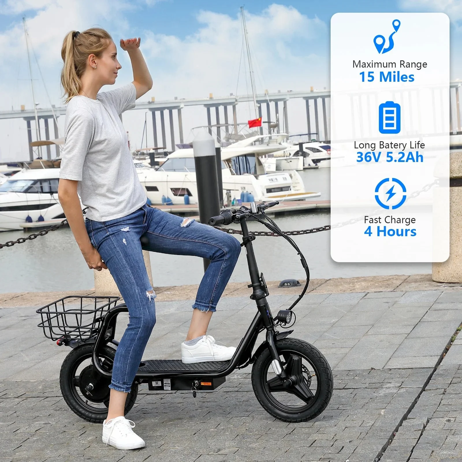 SANOPY Electric Scooter With Seat for Adults, 350W, 15 Miles, 20 Mph, 36V 5.2Ah, 14 inch Tire - Black - Image 4 SANOPY Electric Scooter With Seat for Adults, 350W, 15 Miles, 20 Mph, 36V 5.2Ah, 14 inch Tire - Black - Image 4