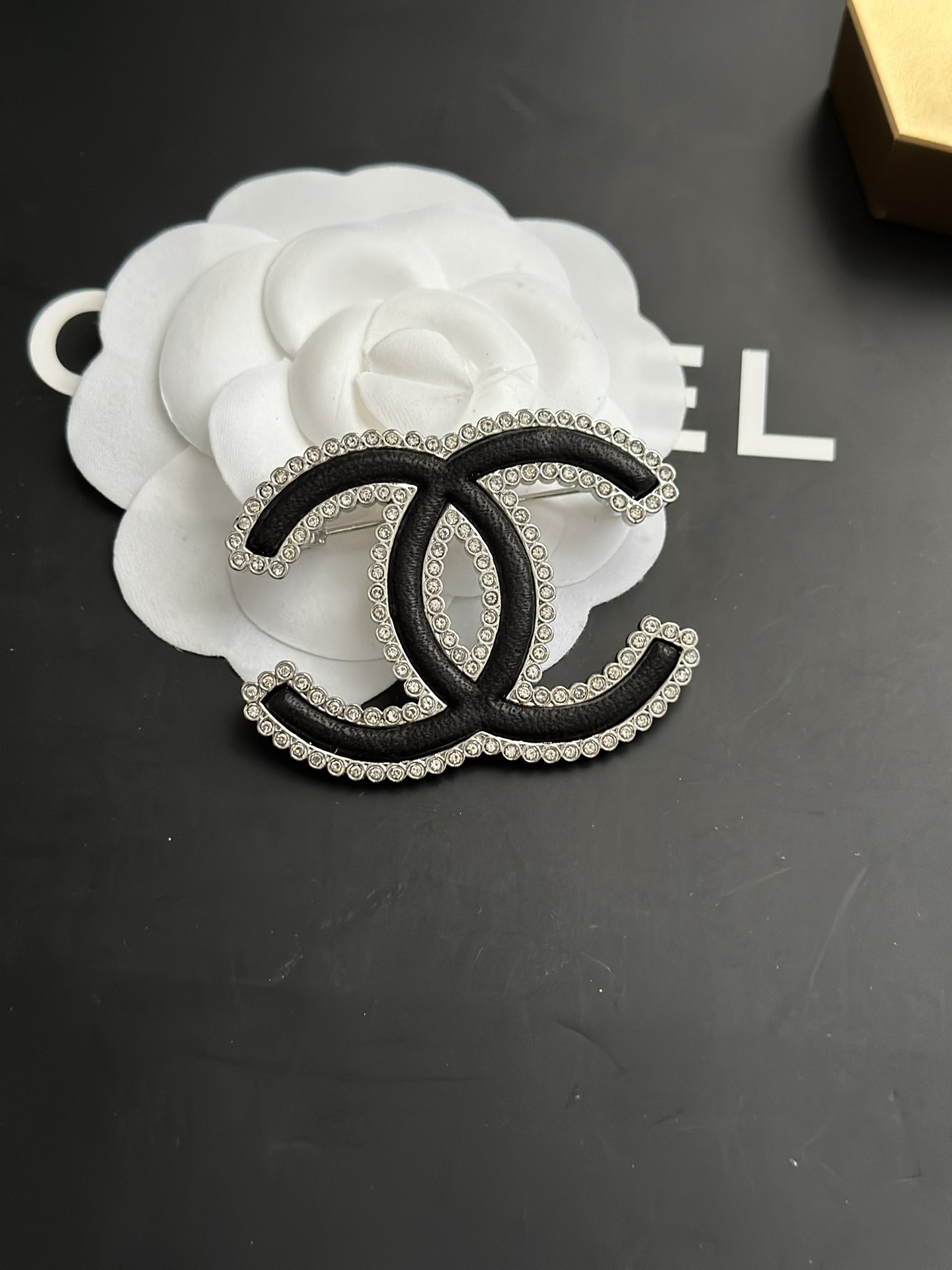 Chanel Paved Diamond Black Leather CC Brooch - Original Replica Club