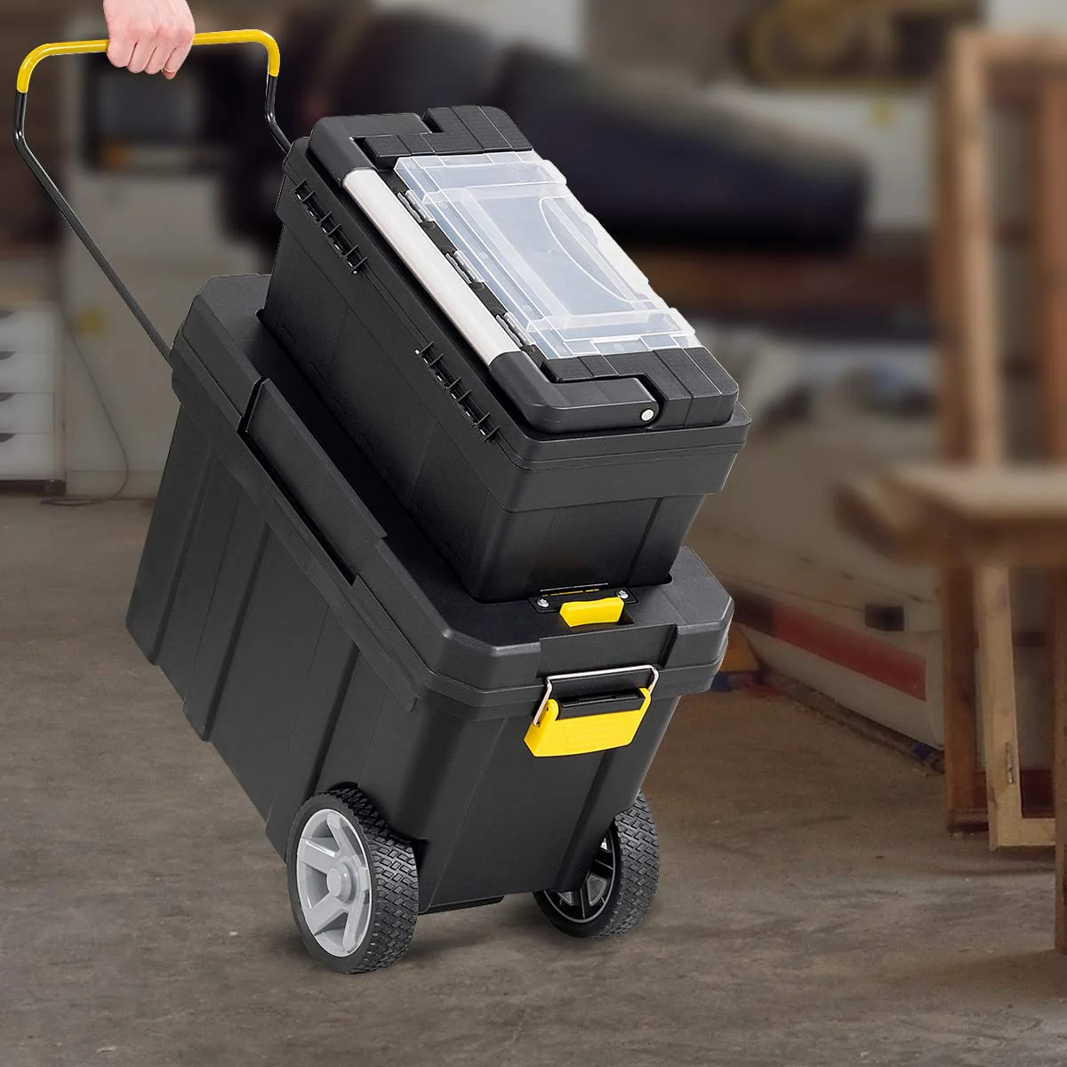 2-in-1 Rolling Plastic Toolbox Set With 6-Inch Wheels, Black - Image 2 2-in-1 Rolling Plastic Toolbox Set With 6-Inch Wheels, Black - Image 2