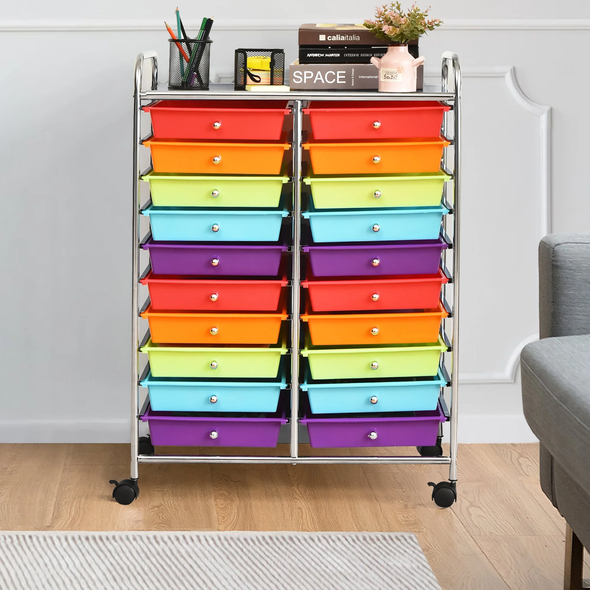 Costway 20 Drawer Rolling Storage Cart Tools Scrapbook Paper Office School Organizer Yellow - Image 111
