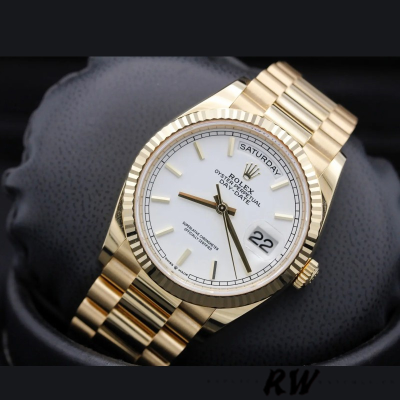 Rolex Day-Date 128238 Fluted Bezel White Index Dial 36MM Unisex Replica Watch