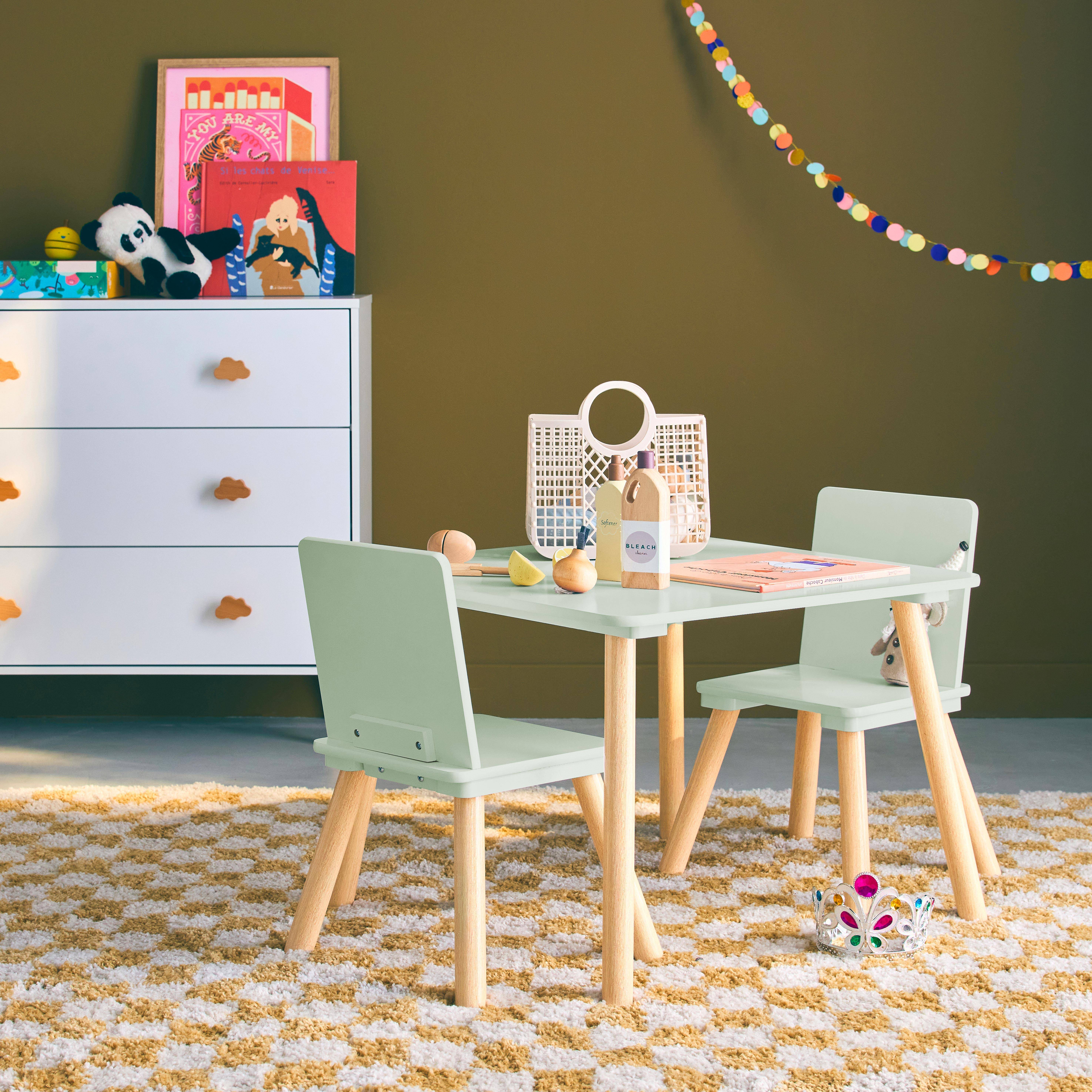 Judith - Mesa cuadrada infantil de madera de pino, 2 sillas