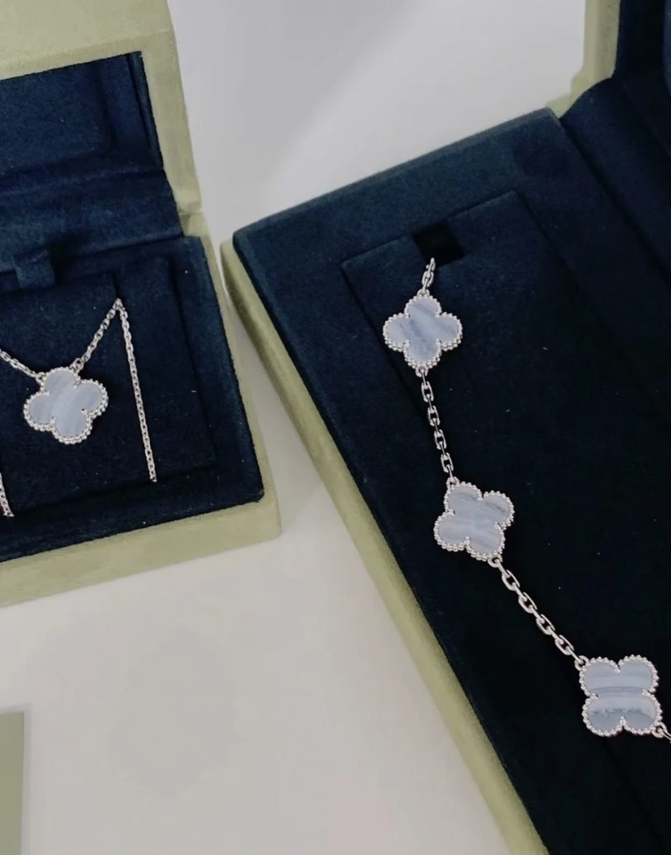 VCA Blue Chalcedony Clover Vintage Alhambra Pendant Necklace Bracelet - Original Replica Club