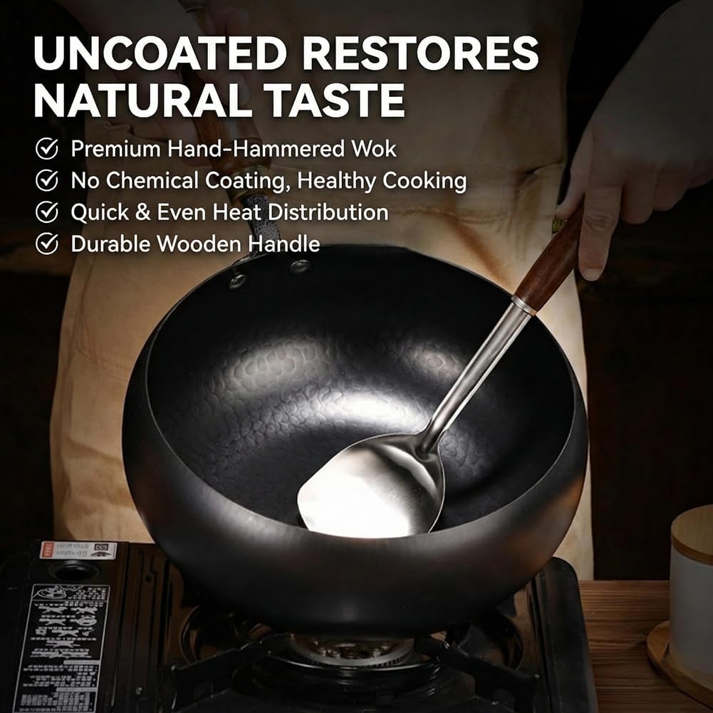 Japanese Cast Iron Cookware Wok with Lid, Uncoated Iron Wok Pan 9.5-11in, Heavy Duty Cast Iron Pot, Even Heat, Natural Healthy Stir Fry Cooking, Durable Kitchen Wok (No lid, 10.24in/26cm)