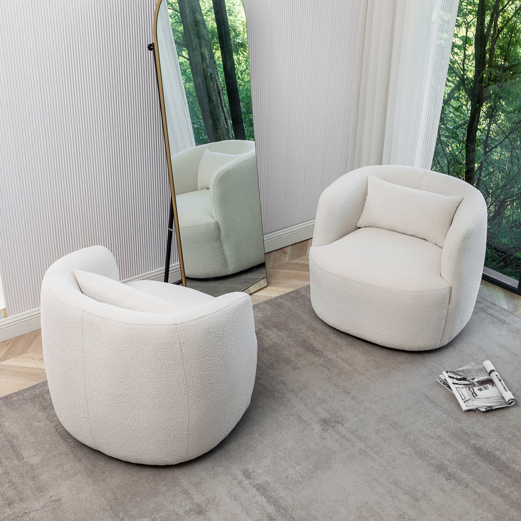 34" Wide Boucle Swivel Barrel Chair, No Assembly Round Upholstered Armchair Accent Chair Single Sofa Chair with Toss Pillow for Living Room and Bedroom, Taupe - Image 22